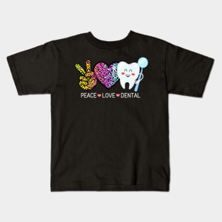 Peace Love Dental Leopard Heart Rainbow Teeth Cute Dentist Kids T-Shirt